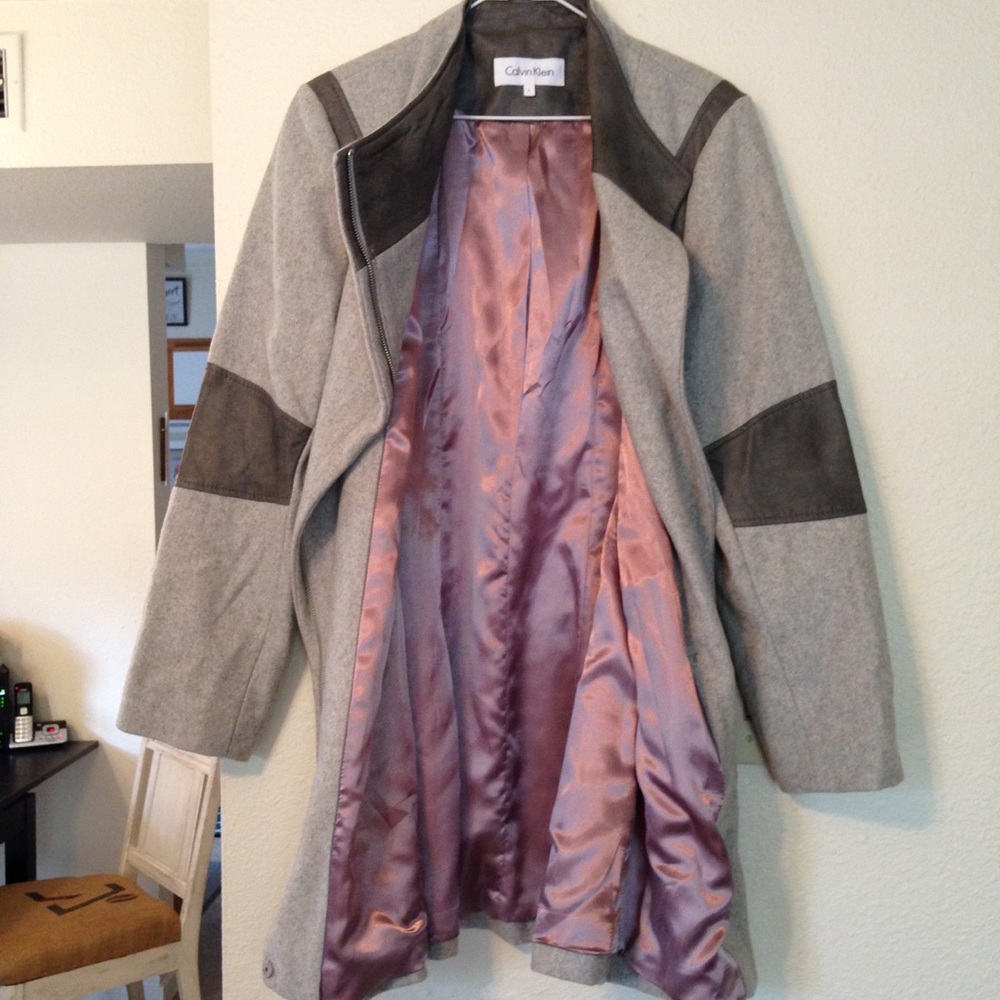 Calvin Klein Gray Wool Pea Coat With Rose Gold or Mauve Color Lining